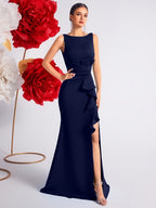 2025 Solid Color High Waist Pleated Ruffle Trim Slit Backless Prom Party Evening Gown Dress - Navy blue color