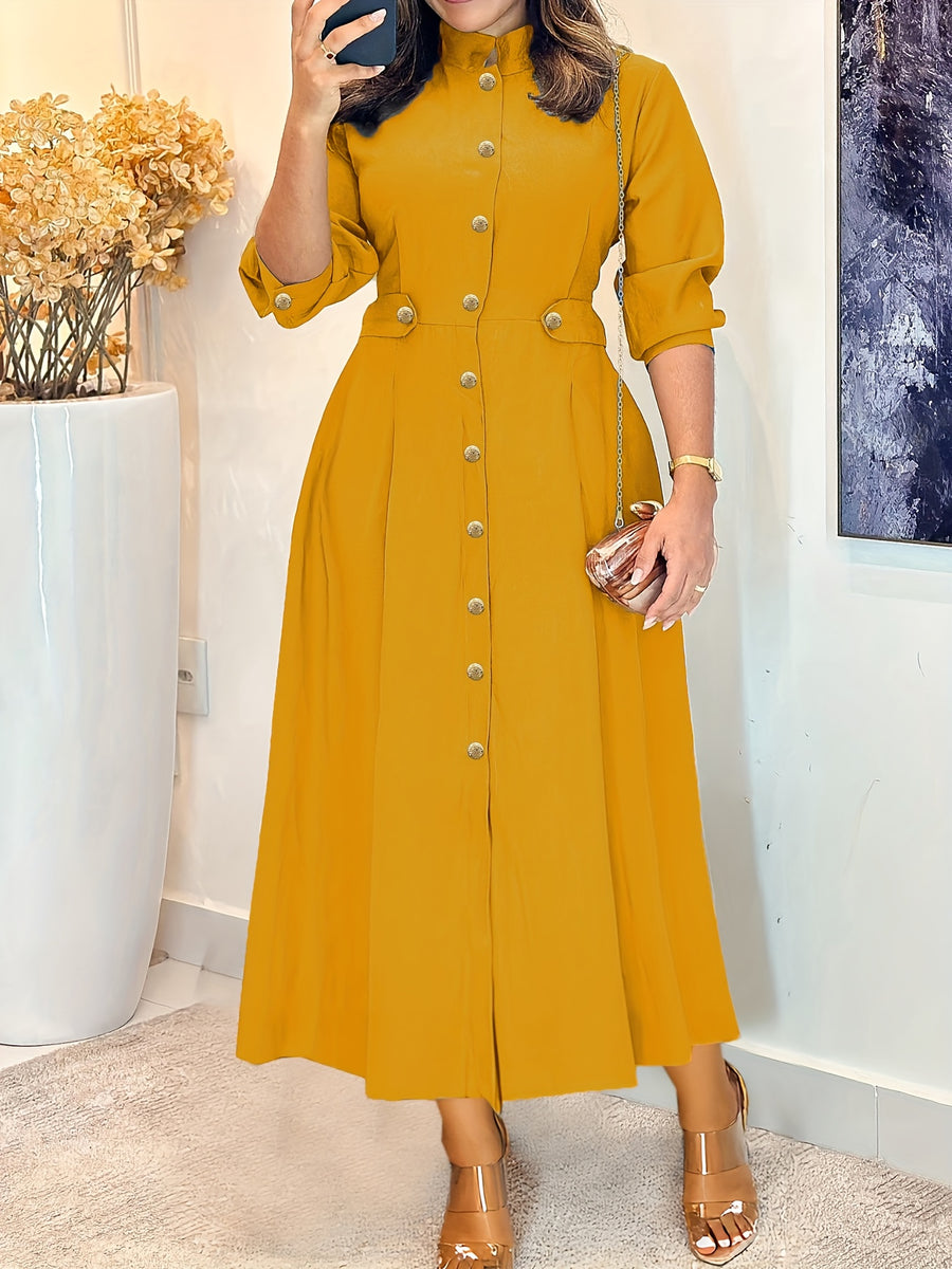 Fashion Women'S Classic Stand-Up Collar Single-Breasted Dress Elegant Ruffled Patchwork Long-Sleeved Dress Long Spring And Autumn 12010 - Yellow