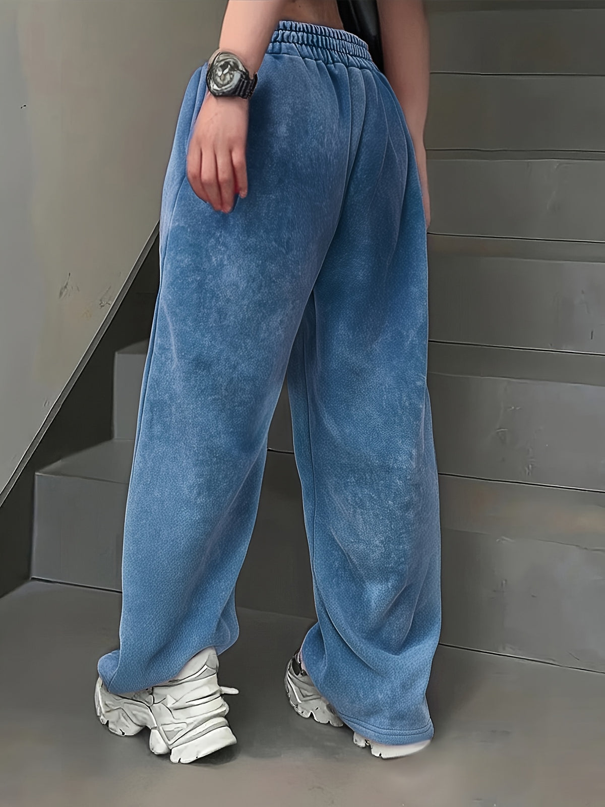 Women'S Casual Stretch Drawstring Waist Long Pants | Vintage American Street Style, Printed, Pocket Details, All-season Wear - Navy Color