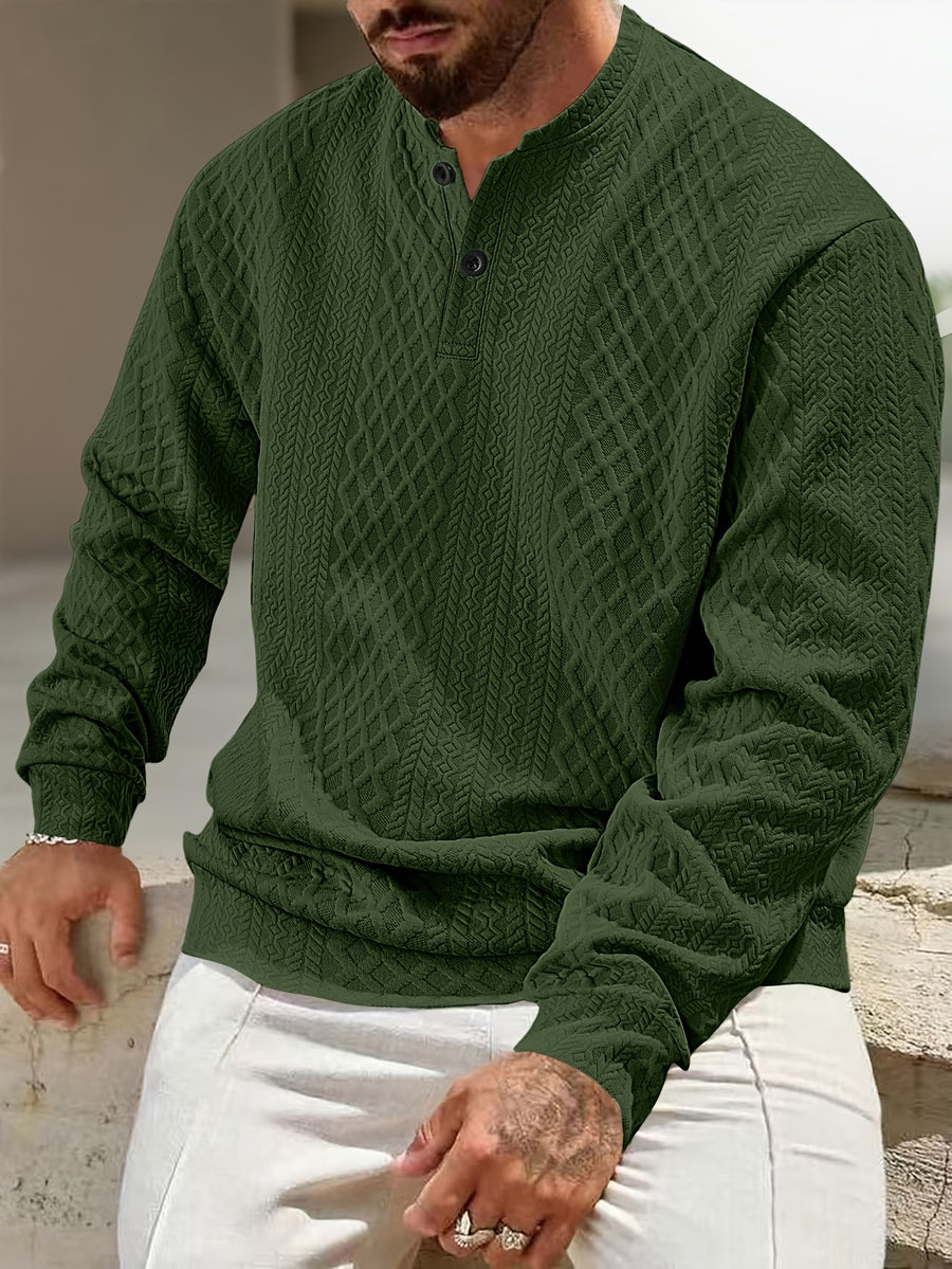 New 3D Jacquard Fabric Henley Shirt - Olive Green