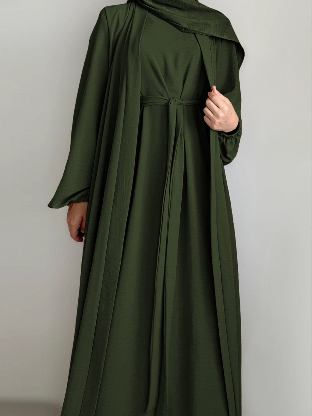 New Middle Eastern Dubai 3pcs Abaya Set - Women'S Traditional Belted Waist Dress with Cardigan And for Ramadan - Olive Green