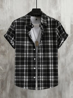 Men'S Casual Preppy Style Plaid Print Basic Color Short Sleeve Collared Shirt, Spring Summer Loose Fit Short Sleeve Checkered Pattern, Button-Front Closure, Classic Collar, Suitable for Casual And Semi-Formal Wear - Black And White Color