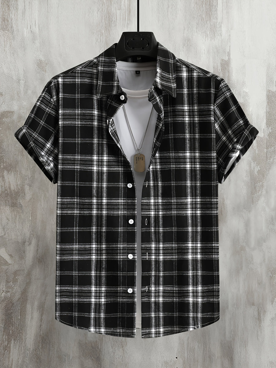 Men'S Casual Preppy Style Plaid Print Basic Color Short Sleeve Collared Shirt, Spring Summer Loose Fit Short Sleeve Checkered Pattern, Button-Front Closure, Classic Collar, Suitable for Casual And Semi-Formal Wear - Black And White Color