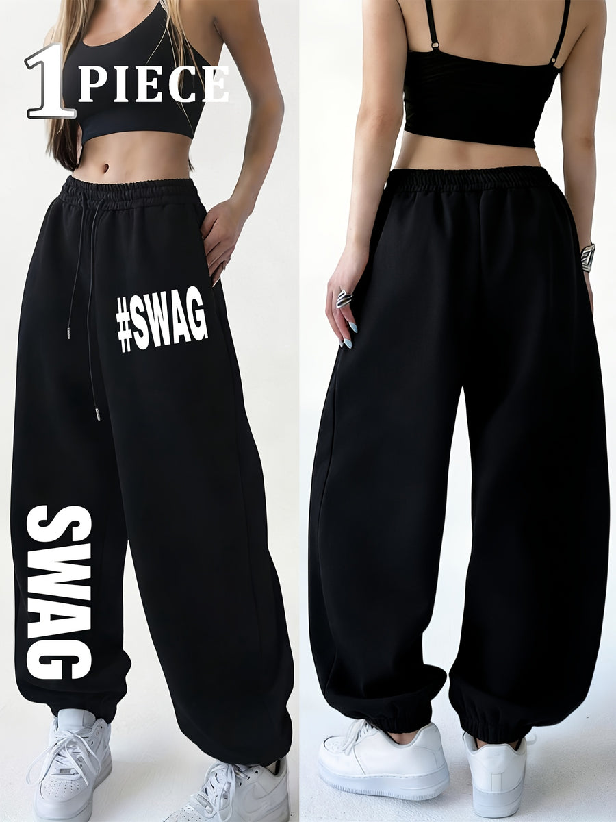 Spring/Winter New Women's Jogger Pants with Cuffed Hem, White Printed Casual Trousers. Made of Easy-care, Soft, and Warm Fabric, Machine Washable. Features Letter Print for Home Wear, Suitable for Travel, Home, and Outdoor Outings. Solid Color - Black
