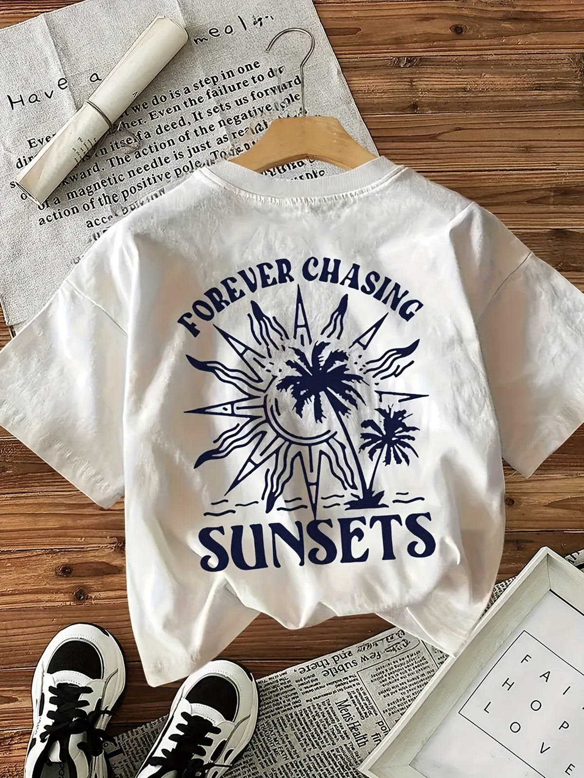 Women's Vintage Beach T-Shirt - White Retro Coastal Top with Forever Chasing Sunshine Graphic - Soft Lightweight Shirt for Women - Casual Summer Outfits, Beach Vacation Essentials - Machine Washable Everyday Tee, Weekend Leisure Wear, Laidback Fashion - White
