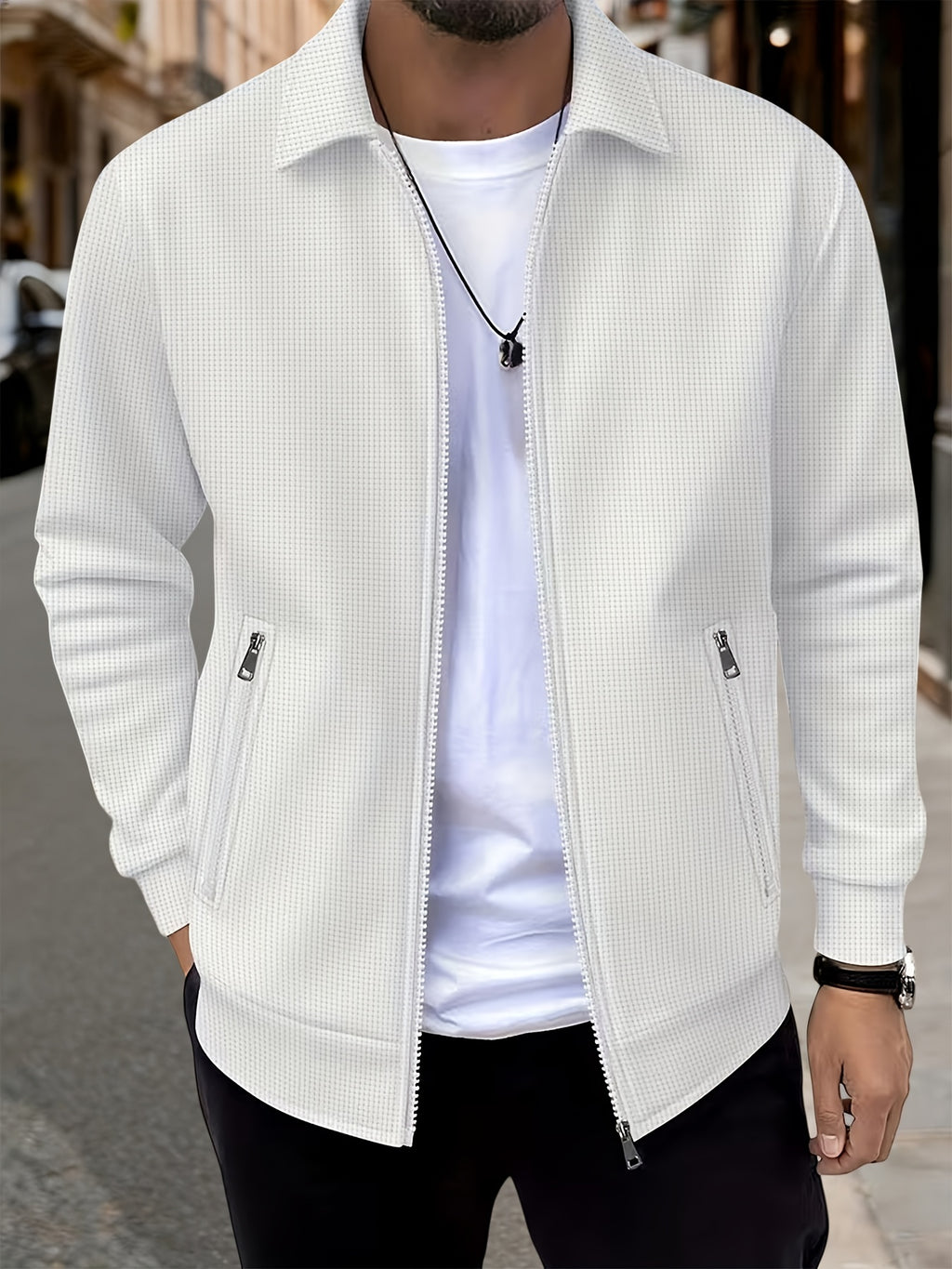 Spring And Autumn Men'S High-End Business Casual Jacket, Luxurious Texture Style, Waffle Texture Jacquard Fabric, Double-Sided Zipper Pockets, Stylish And Structured Long-Sleeve Coat, Suitable for Business Meetings, Daily Commuting, And As a Gift - White