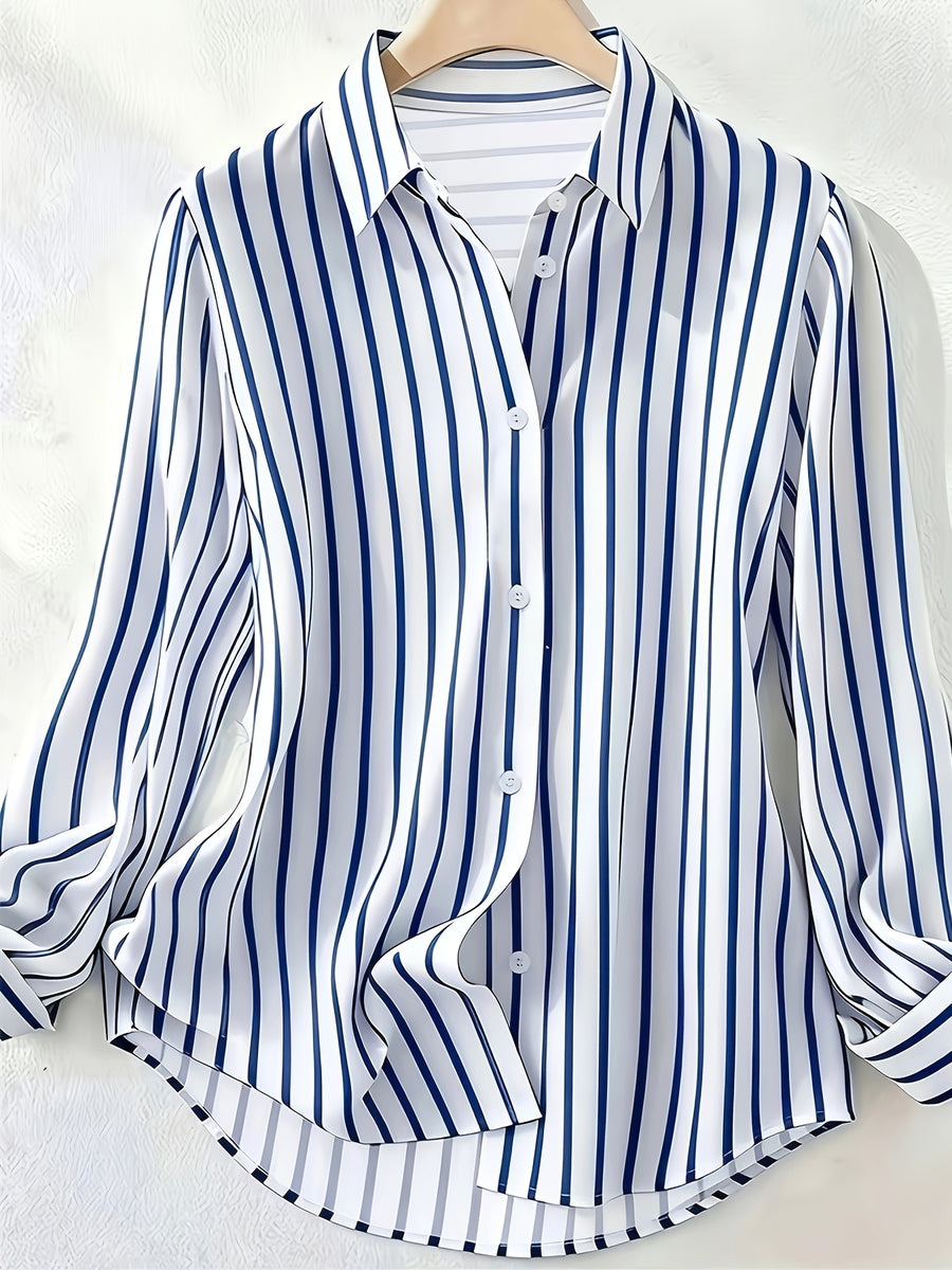Spring/Autumn New Elegant Striped Long-Sleeve Women's Shirt, Single-Breasted Button-Front Blouse, Machine Washable, Suitable for Office, Commuting, or Formal Events, Office Attire, Sophisticated Casual - Blue Strips