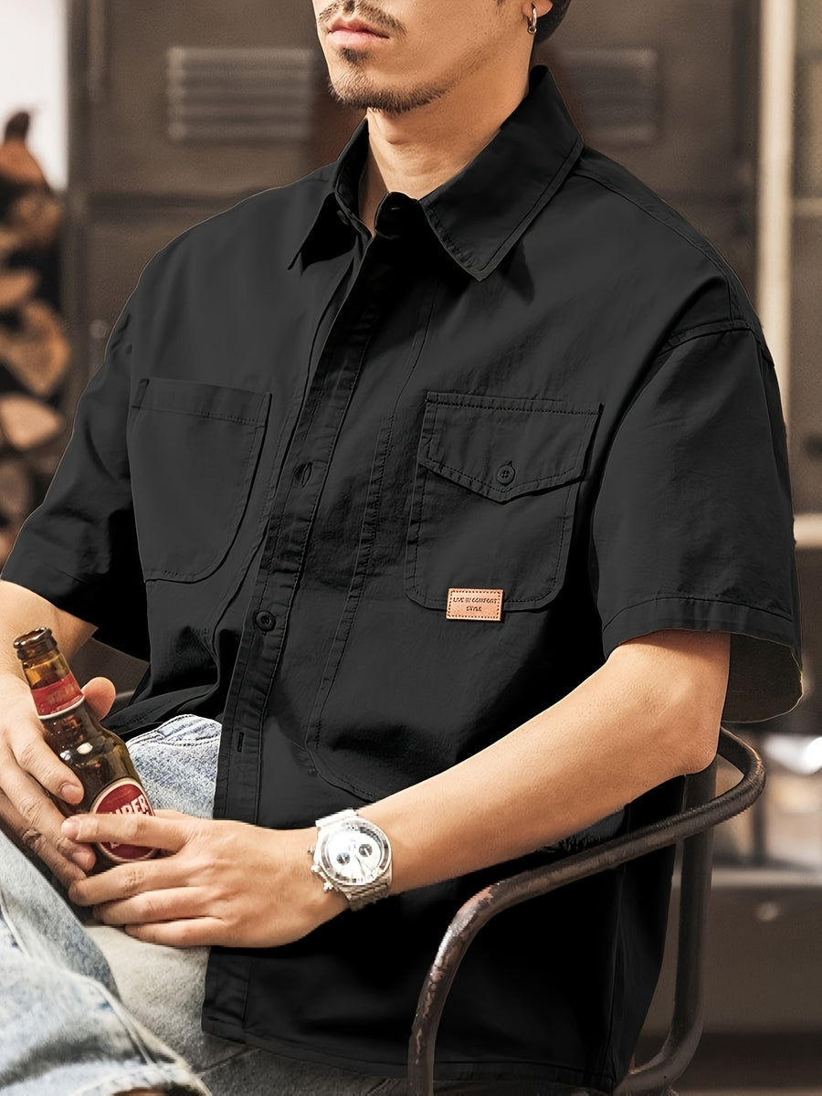 Men's Casual Short Sleeve Shirt, Blend Workwear Button Shirt with Multi Pockets, Solid Color Loose Fit, Breathable Summer Tops for Outdoor Daily WearMen's Multi-Pocket Short Sleeve Work Shirt, Casual Loose Fit Blend Button Shirt for Daily & Outdoor - Black