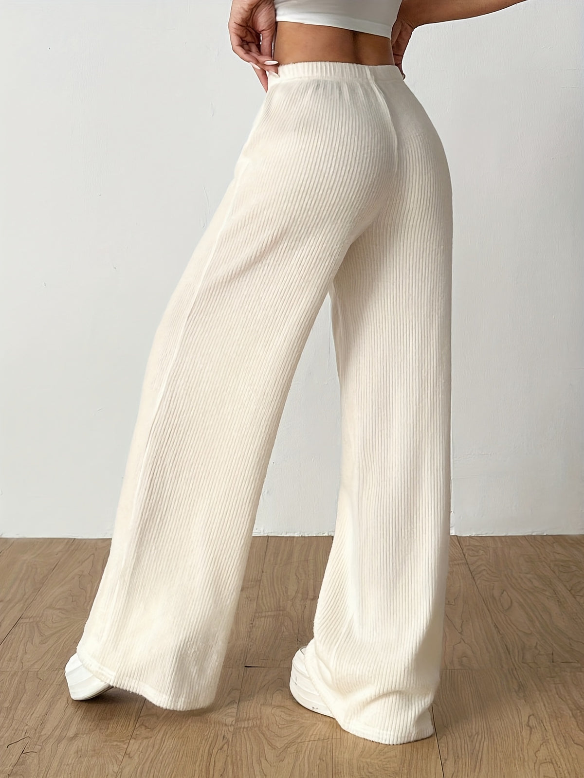 Women's Solid Color Straight Leg Loose Casual Sports Pants, New Style Ribbed Long Pants for Morning/Evening Run, Outing, Home, Perfect Choice for All Seasons, Machine Washable - Apricot