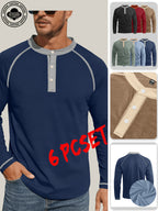Xingfan OBM 6pcs Autumn/Winter Men's Color-Block Henley Collar Long Sleeve Half-Placket Casual Polo Shirts, Featuring Contrasting Collar and Cuff Designs, Skin-friendly and Breathable Fabric, Multi-color Combination Set, Can Be Worn Alone - Mixed colors