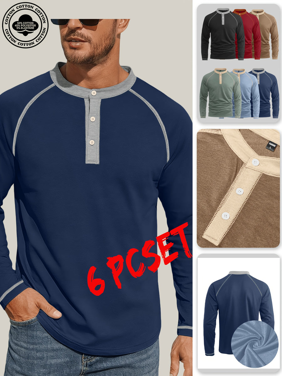 Xingfan OBM 6pcs Autumn/Winter Men's Color-Block Henley Collar Long Sleeve Half-Placket Casual Polo Shirts, Featuring Contrasting Collar and Cuff Designs, Skin-friendly and Breathable Fabric, Multi-color Combination Set, Can Be Worn Alone - Mixed colors