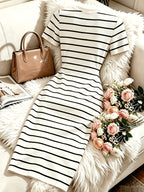 Women'S New Black And White Striped Round Neck Short Sleeve Slim Waist-Cinching Mid-Length Dress - White And Black Stripes