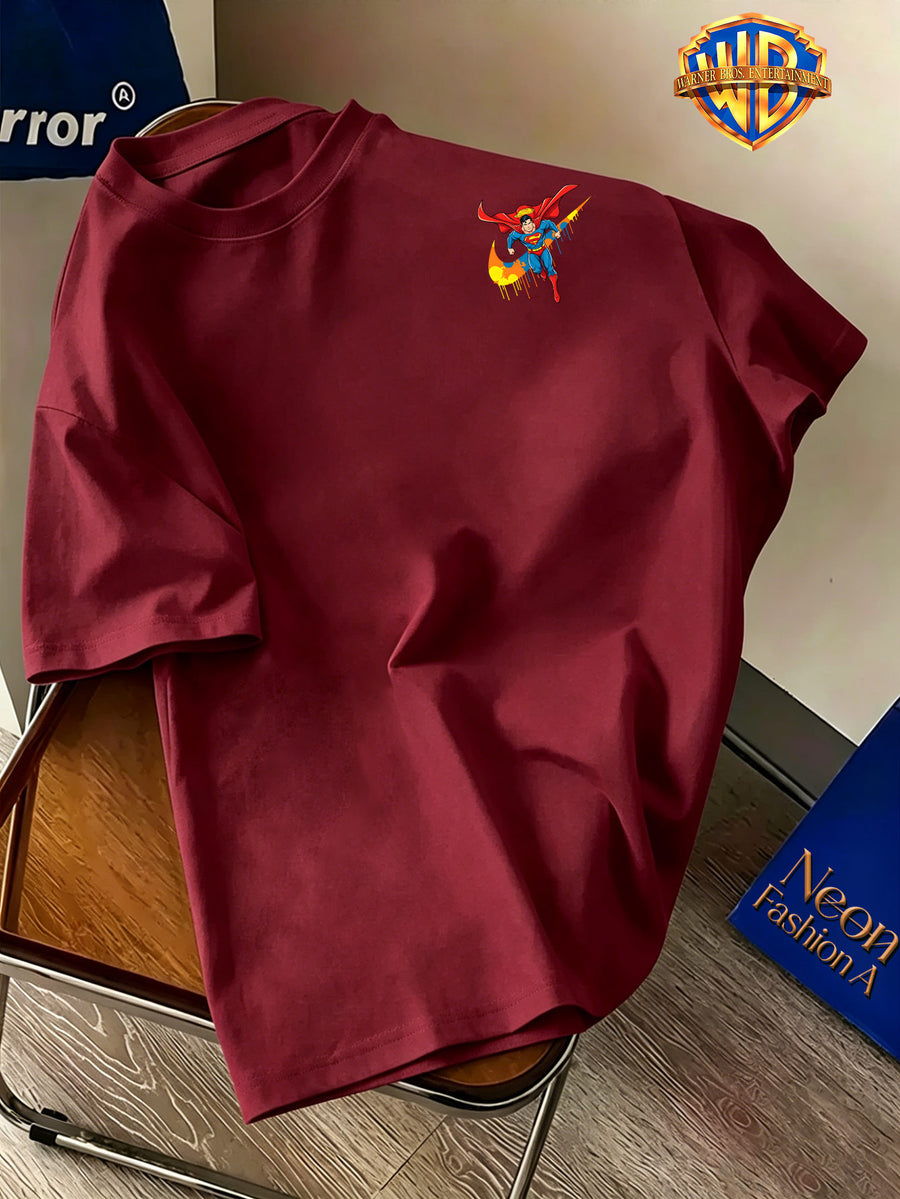 Back-To-School Season Warner Authorized, Men'S Casual T-Shirt, Soft Breathable Fabric Lightweight Short Sleeve, DC Genuine Superman Dynamic Flying Pose Colorful Resin Drop Trendy Print, Lightweight Comfortable Fit - Burgundy