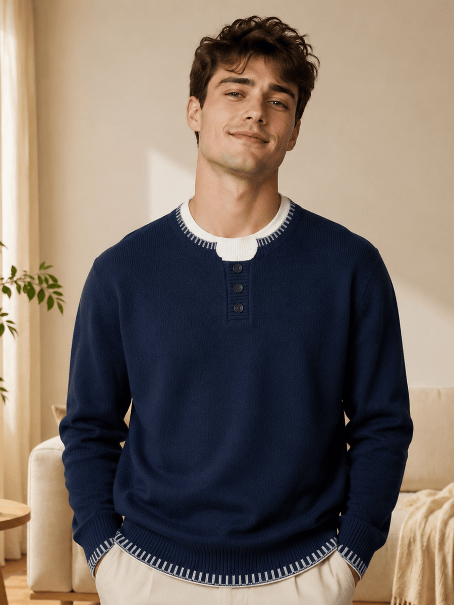 Men's and Women's Casual Sweater, Trendy Versatile Winter Henley Collar 2-in-1 Look Knit Top and Inner Base Layer, JKXN-1171 - Navy Color