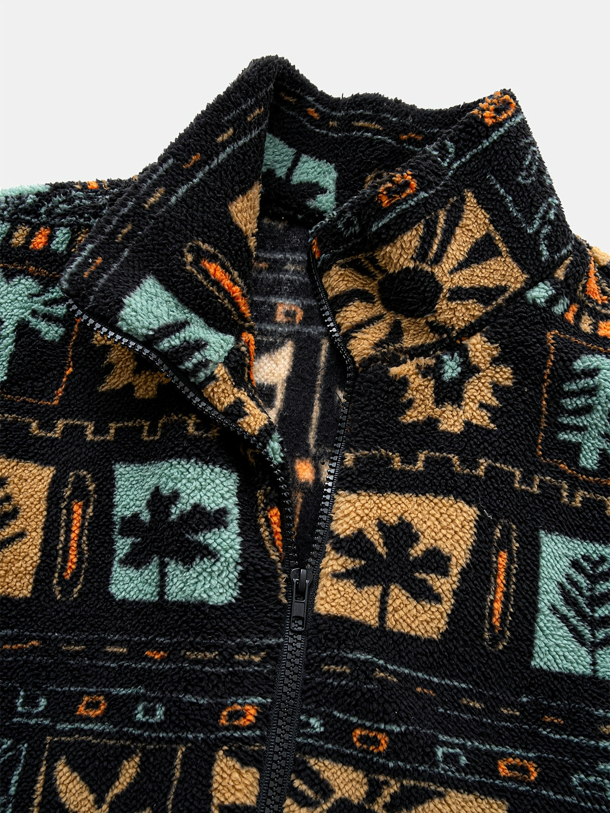 1pc Reversible Plush Print Ethnic Style Zip-Up Jacket, Men'S Casual Jacket, Men'S Fleece Jacket - Black