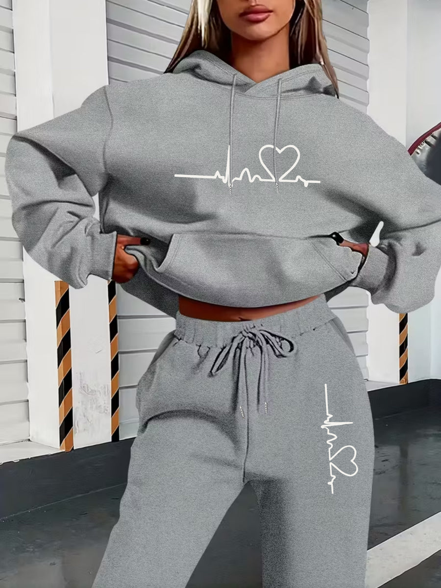 Autumn And Winter ECG Heart Pattern Printed Women'S European And American Fashion Fleece Hooded Sweatshirt Set for ' Casual Wear - Light Grey