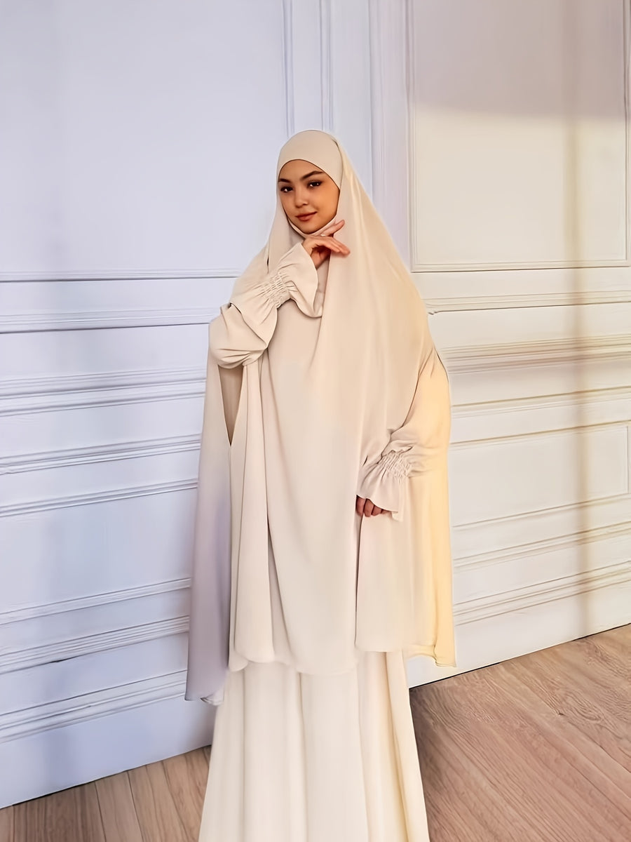 Abaya Middle Eastern Islamic Clothing Loose Comfortable Robe Headscarf with Long Sleeve Dress Two-Piece Set P403 - Apricot