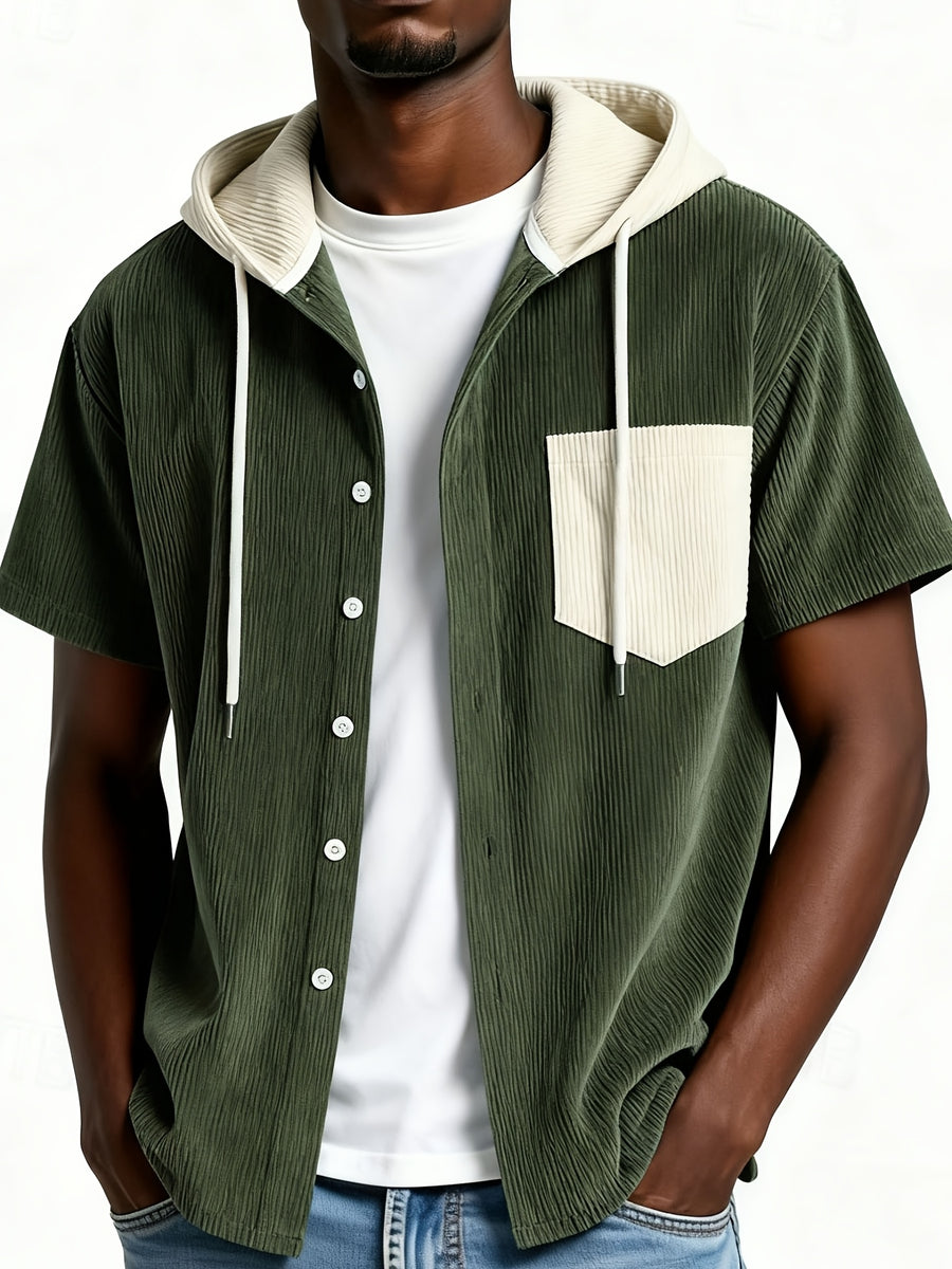 2026 New Men'S Corduroy Short Sleeve Hooded Sweatshirt, Fashionable Versatile Jacket, Comfortable Trendy Top, Suitable for Casual Outdoor Daily Wear - fern green