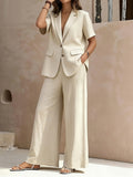 Casual Vacation Style Apricot Easy Lapel Short Sleeve Suit Jacket And Wide Leg Pants Ensemble - Apricot