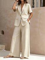 Casual Vacation Style Apricot Easy Lapel Short Sleeve Suit Jacket And Wide Leg Pants Ensemble - Apricot