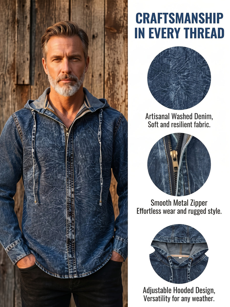 Original New Style Men'S Hooded Denim Shirt, Spring Autumn Tie-Dye Denim Jacket, American Retro Handmade Washed Distressed Texture Design, Zippered Long Sleeve Denim Coat, Casual Versatile Fit - Navy Color