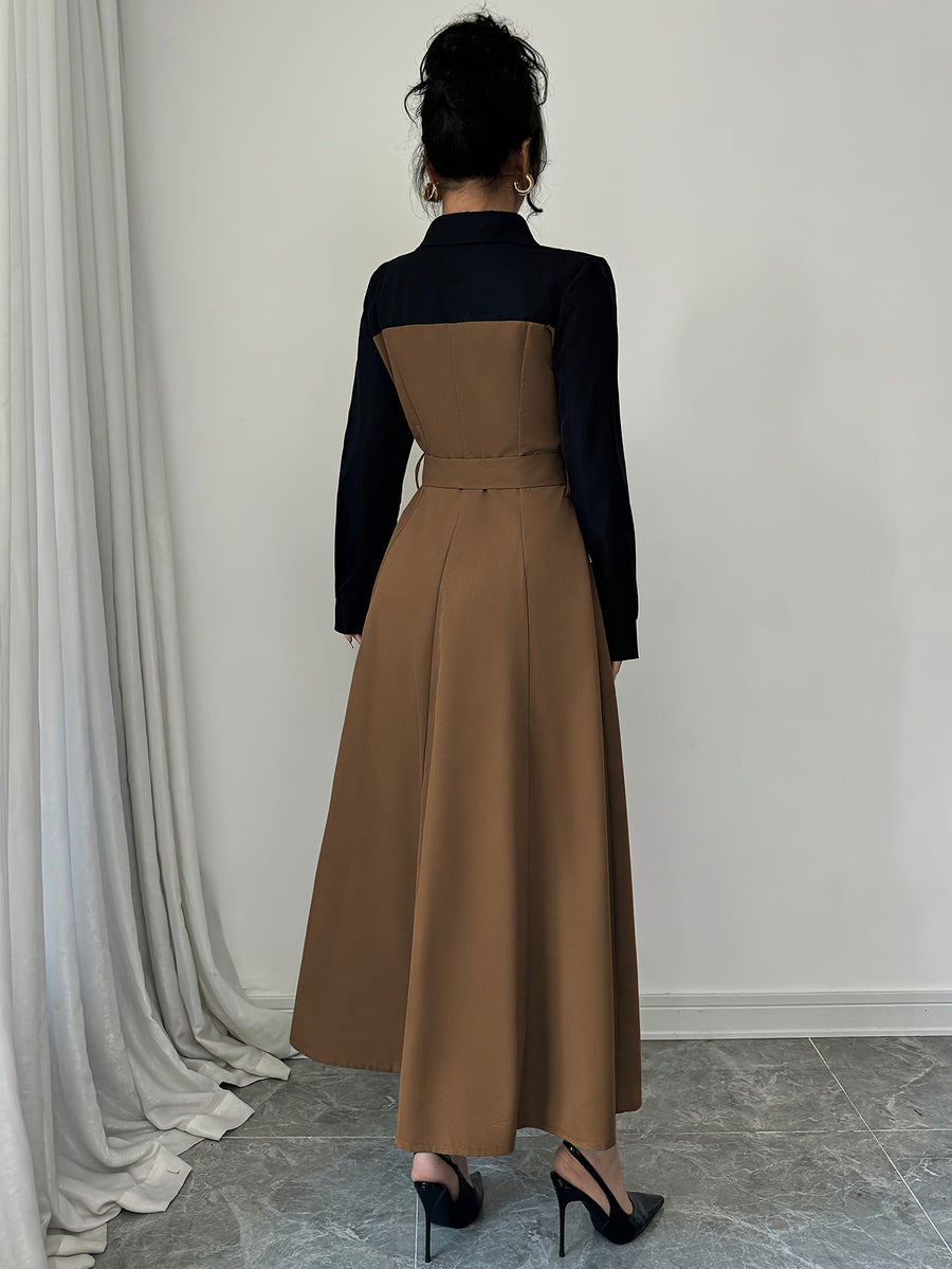 Fashionable Versatile Elegant Commute V-Neck Patchwork Contrast Solid Long Sleeve Waist-Cinching Belt Dress - Dark Brown