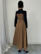 Fashionable Versatile Elegant Commute V-Neck Patchwork Contrast Solid Long Sleeve Waist-Cinching Belt Dress - Dark Brown