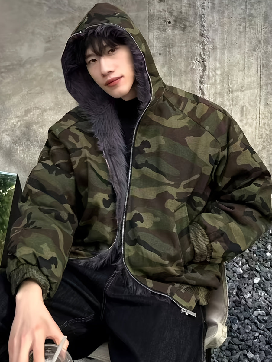 Camouflage Jacket with Hood Men'S Winter Fleece-Lined Thickened Coat American Style Trendy Brand Vintage Jacket Men'S Winter Wear Pattern Transitional Style Jacket - Camouflage