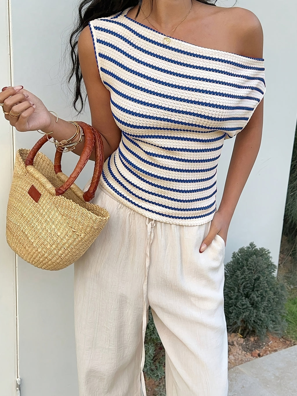 Women'S Striped Top One Shoulder Asymmetric Off Shoulder Crochet Sweater Top Casual Slim Fit Short Blouse for Summer Beach Vacation - Mixed colors