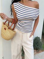 Women'S Striped Top One Shoulder Asymmetric Off Shoulder Crochet Sweater Top Casual Slim Fit Short Blouse for Summer Beach Vacation - Mixed colors