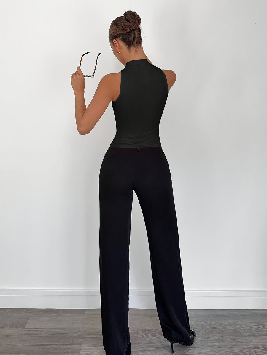 Spring/Summer Women's Halter Neck Slim Fit Off-Shoulder Elegant Metal Buckle Sleeveless Top, Halter Neck Fashion Vest Top - Black