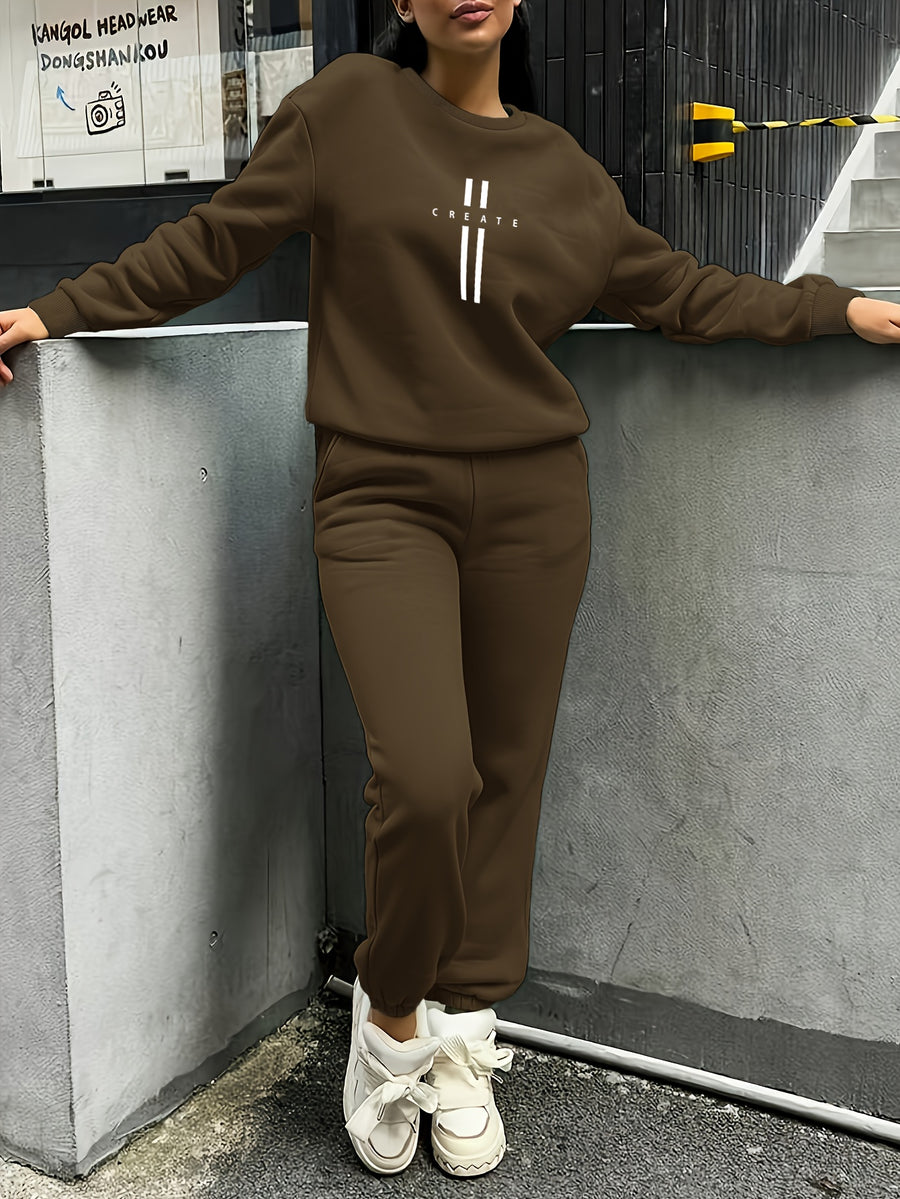 Women'S Autumn Winter Two-Piece Set, Easy Pattern Sweatshirt And Jogger Pants - Dark Brown
