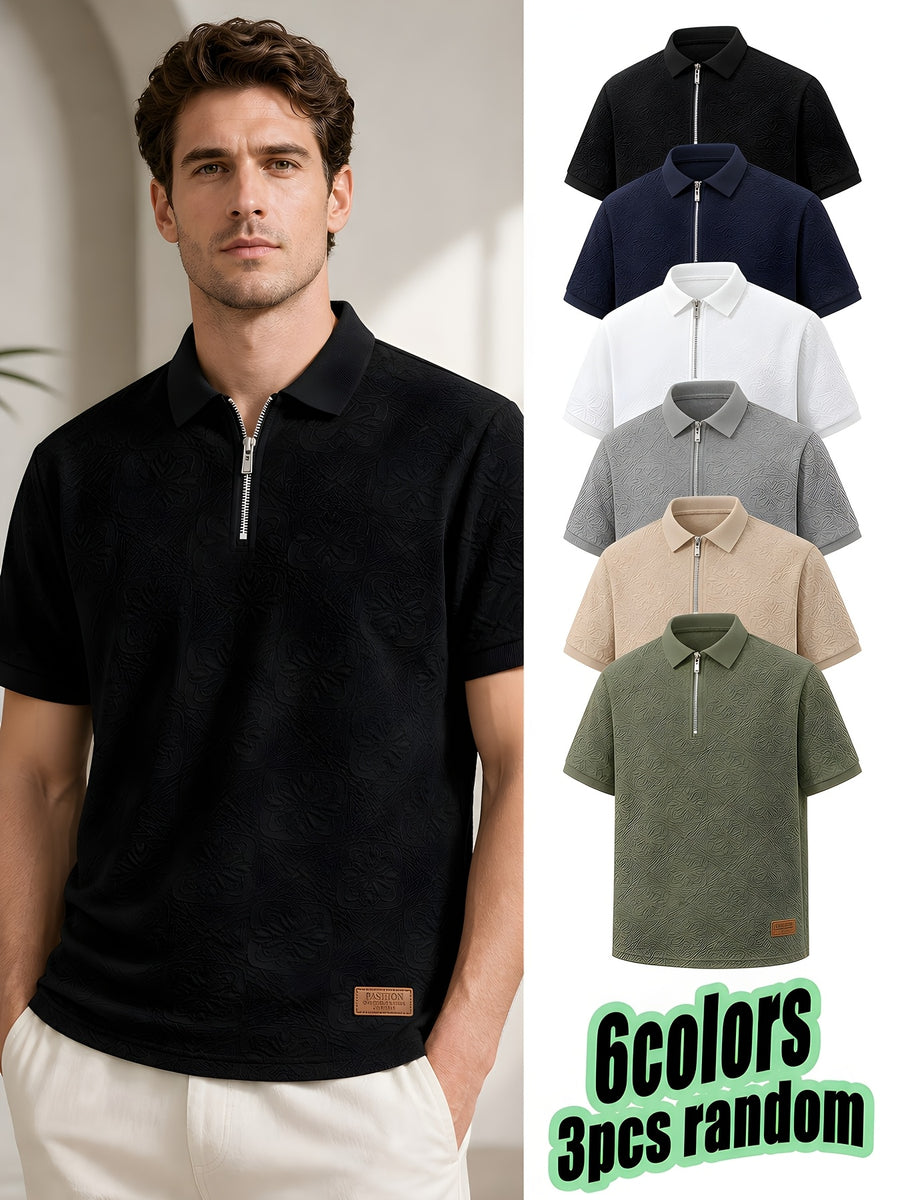 Random 3pcs Set - Summer Men'S Half-Zip Polo Shirts, Floral Jacquard Design, Casual T-Shirt Tops, Colors Not Specified - Mixed colors