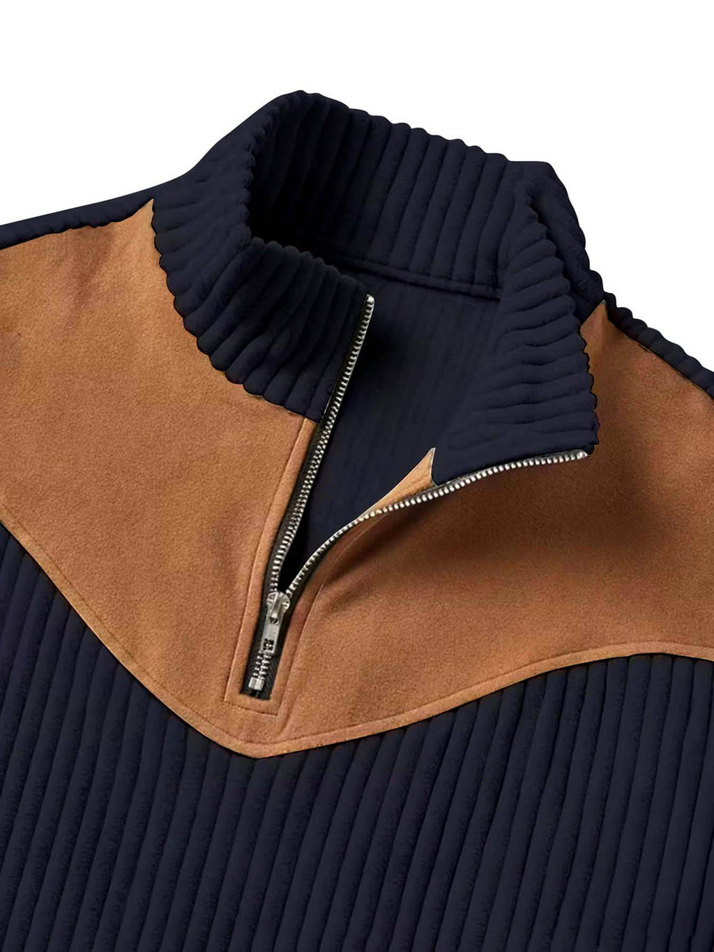 A 3pcs Men's Top Featuring Ribbed Cable-knit with Brown Block Design, Stand-up Collar, and Zipper Closure, Suitable for Both Daily Commutes and Formal Occasions, Offering a Casual yet Elegant Look - Apricot + white + navy blue