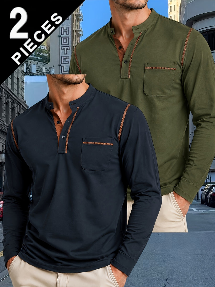 2pcs Men'S Autumn Winter Stand-Collar Long Sleeve Henley Shirts, Contrast Color Pinstripe Polo Shirts with Pockets, Soft And Breathable Sweat-Absorbing, Business Casual Basic Long Sleeve Top, Skin-Friendly Soft Fabric Comfortable, Sweat-Resistant - Navy Blue+Army Green