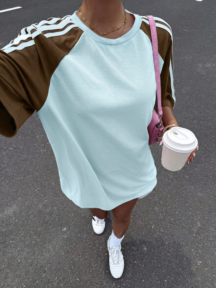 Women'S Striped Contrast Off-Shoulder Loose Casual Round Neck T-Shirt, Summer - Sky Blue