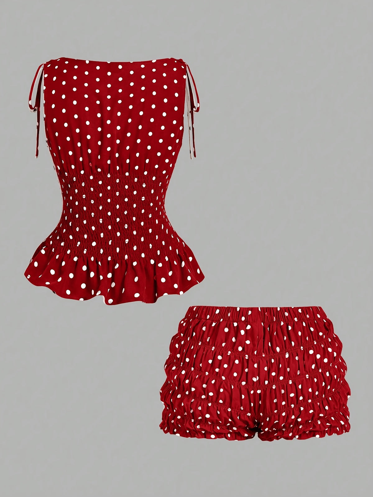 2pcs New Fashion Women's Color-Block Polka Dot Print Sleeveless Top and Shorts Set, Valentine's Day Outfit, Spring/Summer Attire, Date Wear, Beachwear, Summer Vacation Outfit, Casual Women's Clothing, Polka Dot Pattern, Outing Set, Afternoon Tea - Red