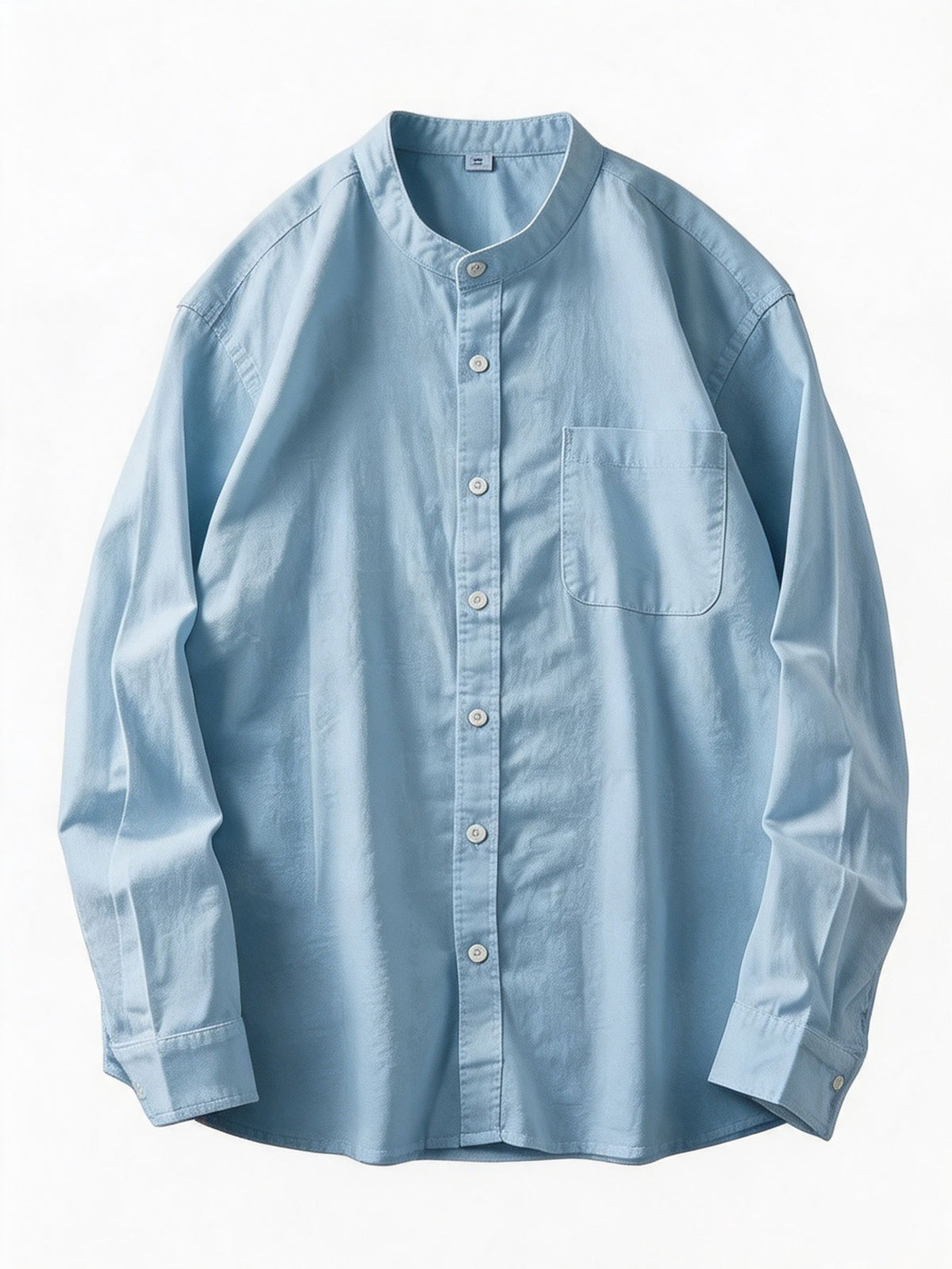 Spring And Autumn Men'S Stand-Collar Long Sleeve Shirt, Retro Solid Color Loose Shirt, Casual Commute Versatile Top, Spring And Autumn Shirt, Retro Basic Style Shirt, Commute Men'S Wear, Easy Versatile Shirt, Chinese Collar Long Sleeve Shirt - Light Blue