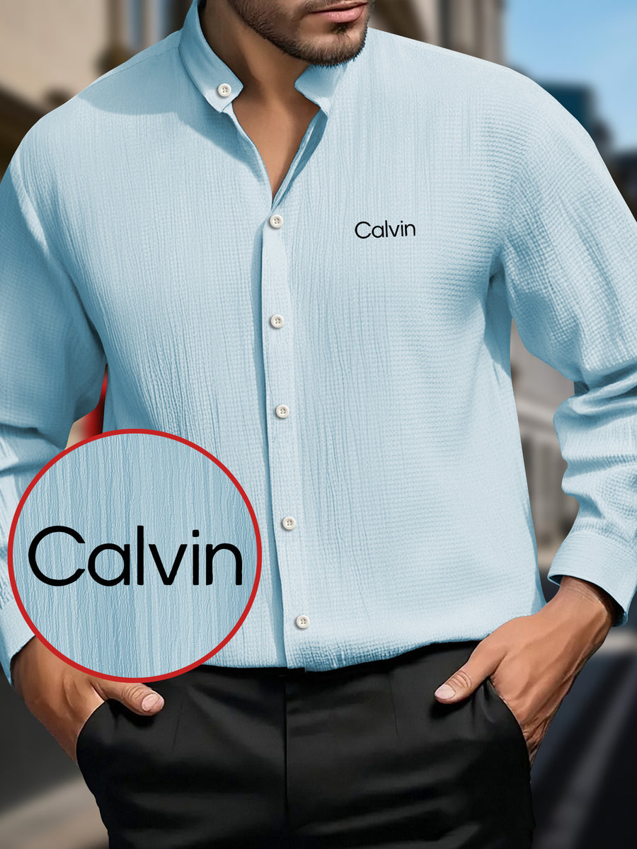 Men'S Casual Solid Long Sleeve Shirt - Breathable Textured Fabric, Stand Collar And Button-Up Placket, "Calvin" Letter Print Design, Machine Washable Regular Fit for Spring/Fall Casual Wear, Minimalist Style Non-Stretch Fabric - Sky Blue