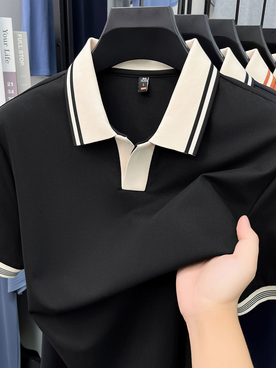 [Shule Water OBM] Summer Men'S Short Sleeve T-Shirt, Contrast Striped Cool Business Casual Versatile Top, Mid-Age Men'S Short Sleeve Collared Polo Shirt (72616) - Black