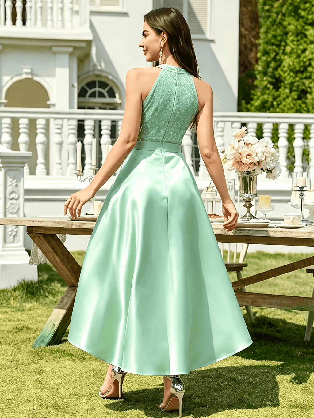 Ladies Elegant Lace Wedding Party Dress - Light Green