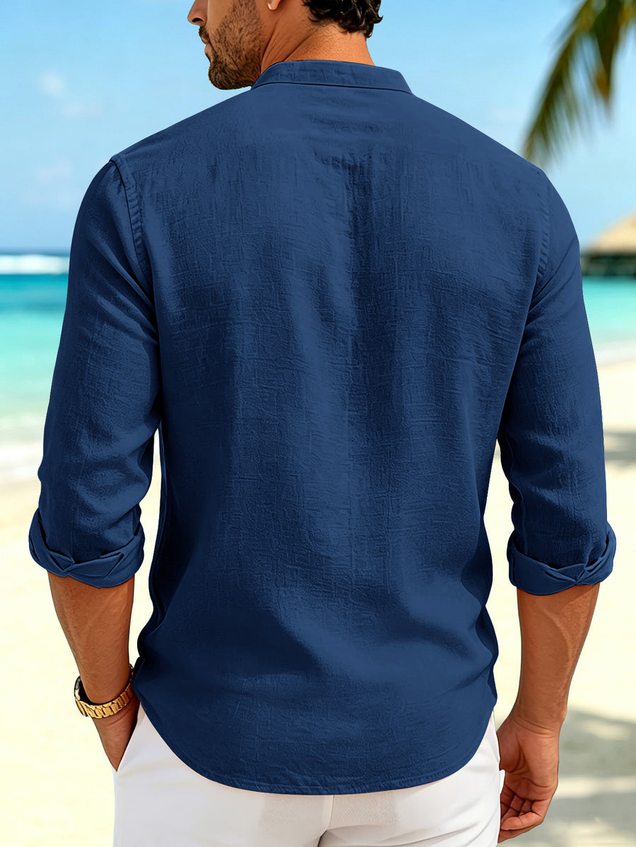 Men'S New Fashion Stand-Up Collar Long Sleeve Shirt, Lightweight Linen-Like Comfortable Fabric, Laborer Print Pattern, Suitable for Daily Commute Outdoor, Beach Vacation And Multi-Scene Wear Casual Shirt, Regular Fit Non-Picky Body Shape - Navy Color