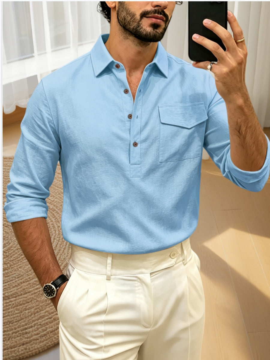 Autumn Men's Polo Shirt, Half-Button Henry Collar Long Sleeve Top with Simple Chest Pocket, Suitable for Business, Office, and Daily Wear - Blue