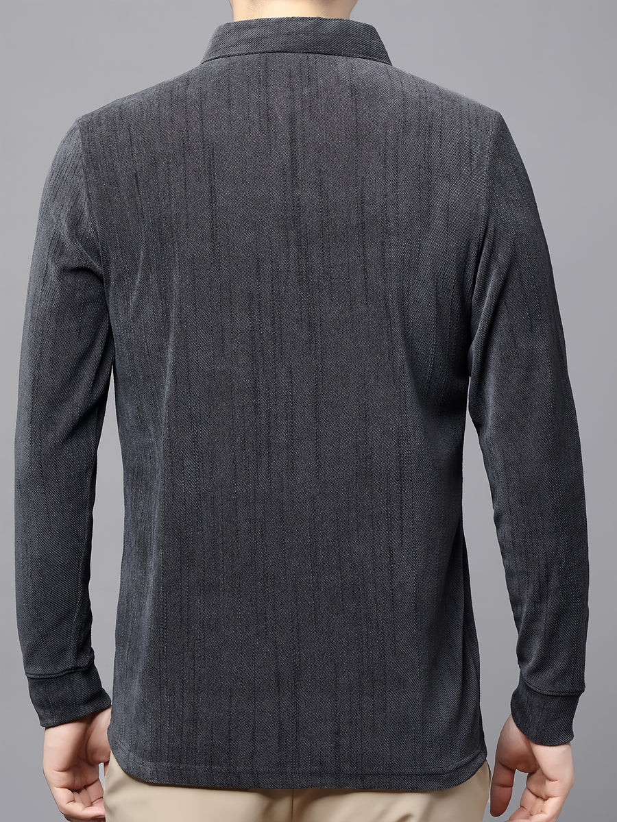 New Autumn Collection: Men's High-GSM Solid Color Textured Vertical Stripe Lapel Top for Commuting, Business, and Casual Wear - Knitted T-Shirt Polo Shirt - Grey
