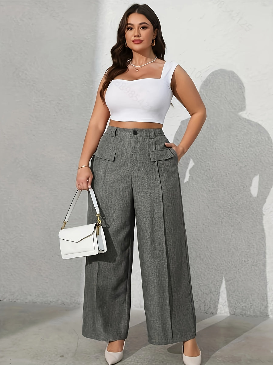 Women's Solid Color Fashion Commuter Wide-Leg Pants with Pockets - Grey