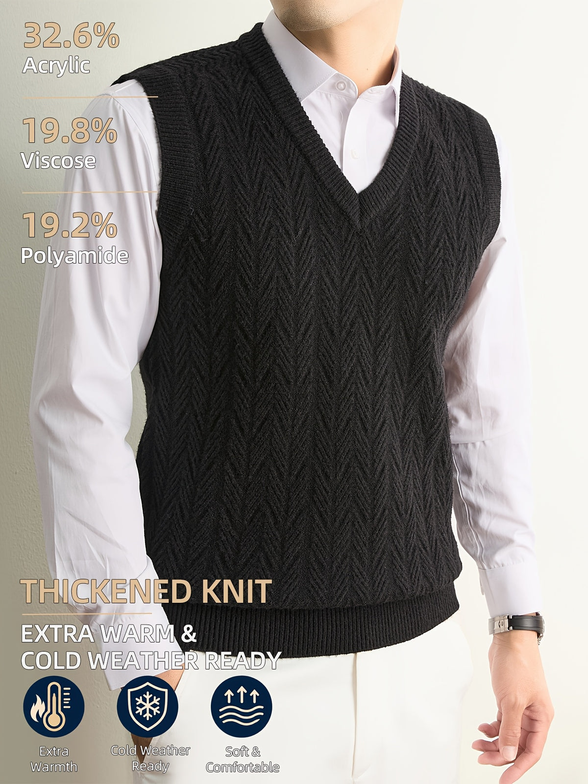 Men's Autumn & Winter Knitted Sweater Vest, Classic V-Neck with Raised Herringbone Texture, Thick & Warm, Timeless Refined Style for Work, Casual Wear, Outdoor Activities & Camping, Ideal Gift for Dad or Husband - Black