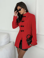 Elegant Fashion Women'S Long Sleeve Button-Up Jacket, Suitable for Work Or Casual Wear, Stand Collar Top Shirt, Spring/Autumn Long Coat - Red