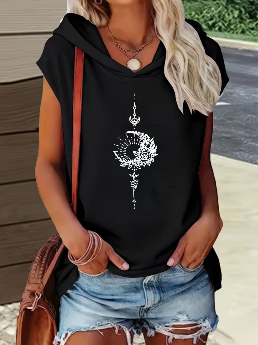 Loose Fit Comfortable Hooded Design Moon And Floral Intertwined Mystical Pattern Print All-Over Print Comfortable Versatile Style Summer New Y2K Style Women's Wear Elegant Fashion Comfortable T-Shirt Top - Black