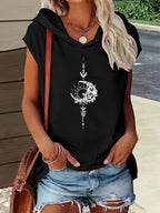 Loose Fit Comfortable Hooded Design Moon And Floral Intertwined Mystical Pattern Print All-Over Print Comfortable Versatile Style Summer New Y2K Style Women's Wear Elegant Fashion Comfortable T-Shirt Top - Black