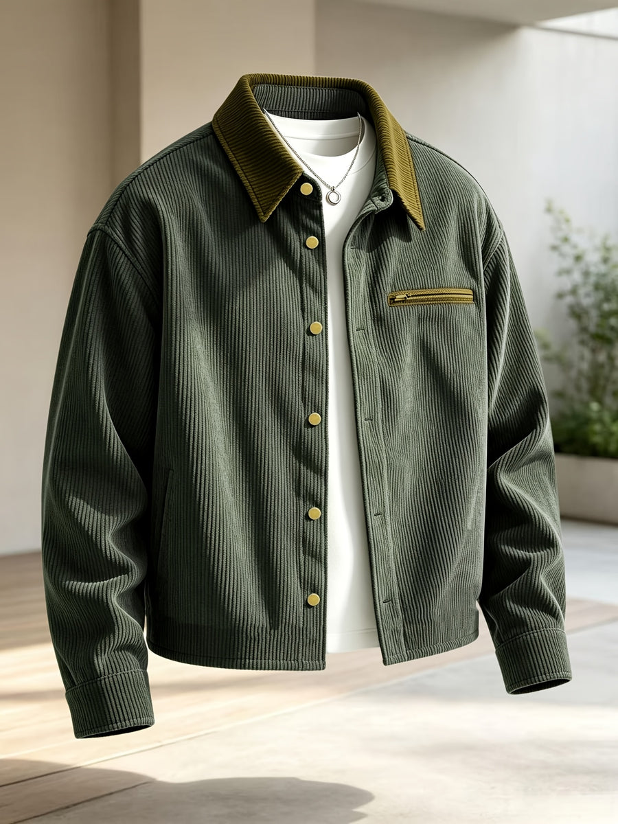 Men'S Solid Color Lapel Corduroy Striped Cardigan, Autumn Winter Fashion Contrast Jacket Top, Zippered Pocket on Chest, Button-Front Design, Seasonal Warm Casual Outerwear, Suitable for Daily Casual Wear And Outings - Military Green